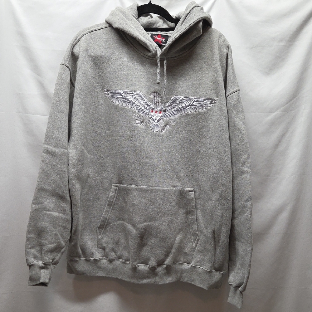 Fender Guitar Hoodie Gray Fleece Silver Eagle Logo Embroidered Front XXL Unisex